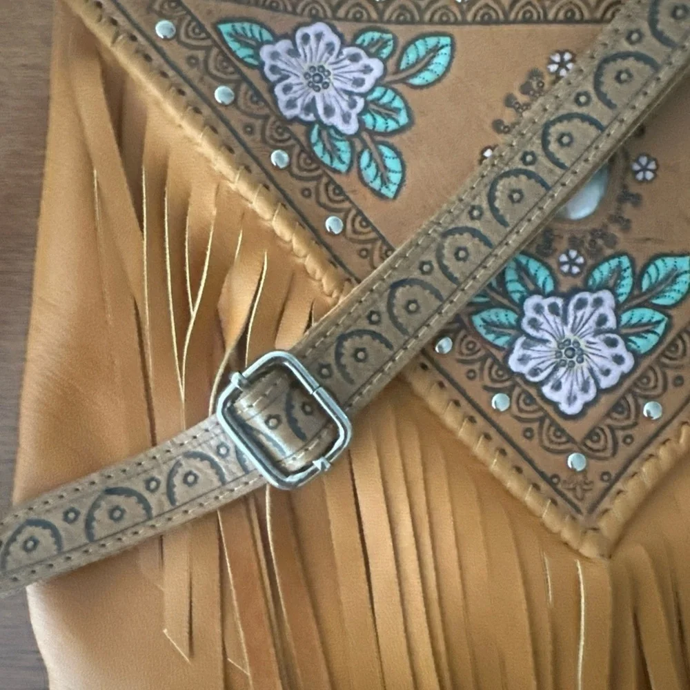 Mahiya Leather Tan Fringe Shoulder Bag with Floral Hand Tooling and Stone Inlay